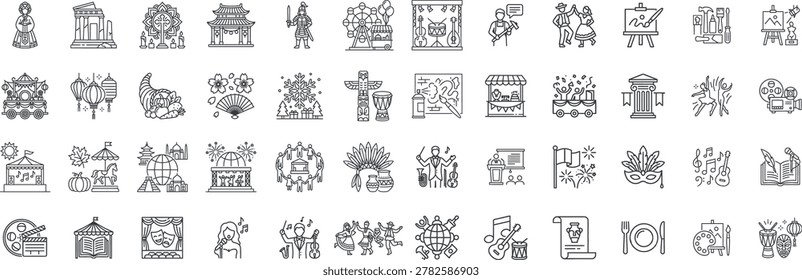 A massive collection of 52 thin line icons celebrating global culture, historical heritage, and entertainment festivals. This vector graphics set features outline symbols for traditional costumes, ancient monuments, carnival parades, music concerts, theater performance masks, folk dancing, painting arts, fireworks, and seasonal celebrations. Perfect for travel agency websites, cultural event promotions, tourism apps, and art festival marketing.