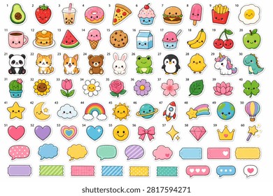 A massive collection of cute, kawaii-style numbered stickers featuring a wide variety of smiling characters and objects, including food, animals, flowers, celestial elements, hearts, and colorful speech bubbles on a white background.