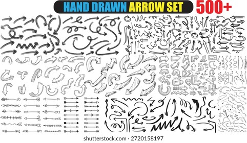 La colección masiva de flechas de estilo doodle dibujadas a mano presenta más de quinientos Elementos únicos en blanco y negro, incluidos remolinos rectos curvos y punteros direccionales complejos, perfectos para resaltar información en diseños de presentaciones creativas o proyectos de diseño rústico.