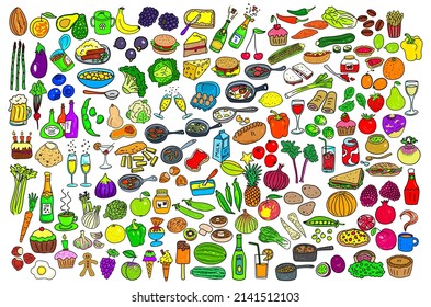 A massive collection of mixed food doodle items including fruit, vegetables, meals, snacks and drinks.
