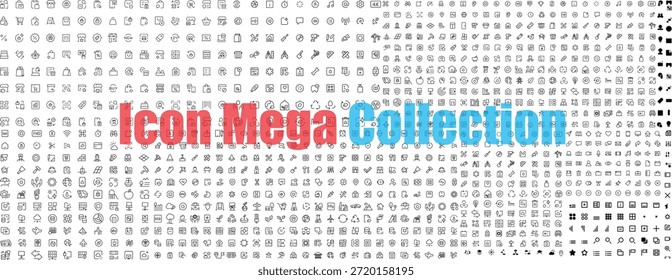 Massive collection of versatile outline icons representing diverse digital and real-world concepts features hundreds of small monochrome symbols usable for web design application development presentations and various graphic projects needing universal visual language elements.
