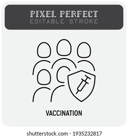 Massive coronavirus vaccination. Virus protection: group of people is protected by shield with vaccine. Immune system. Thin line icon. Pixel perfect, editable stroke. Vector illustration.