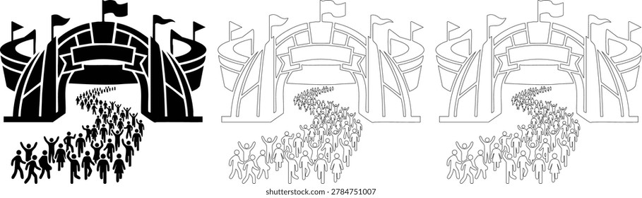 Massive crowd of happy people walking towards large outdoor event through arched entrance, festive gateway with flags, fans entering stadium, concert attendance, festival goers, celebration.