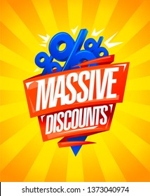 Massive discounts, sale poster design with origami ribbons and percent symbols