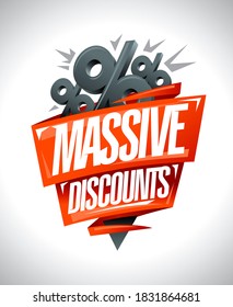 Massive discounts sale vector banner design with origami ribbons and percent symbols