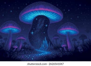 Massive glowing mushrooms in a night forest lead to a sparkling portal. Mysterious and magical pixel fantasy setting.