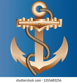 The massive gold ship anchor braided with a thick hempen rope on a bright blue background of color of sea water. Vector illustration.