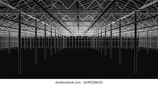 Um enorme hangar industrial com inúmeras janelas e um teto de barras de metal entrelaçadas cria um padrão geométrico impressionante. O fundo escuro realça a atmosfera misteriosa e dramática.