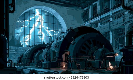 Massive Industrial Machine Generating Electricity Against Stormy Sky