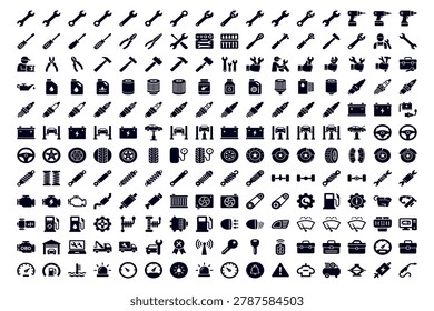 Massive Industrial and Mechanical Icons Set with Tools, Gears, Valves, Wheels and Engineering Silhouette Symbols