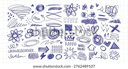Massive isolated blue pen chaos scribbles set. Hand drawn abstract rough shapes, strokes, spirals and zigzags on grid. Vector dirty doodle elements collection for grunge overlay and typography.