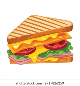 Enorme sándwich en capas con una variedad de ingredientes frescos aislados Ilustración vectorial sobre fondo blanco
