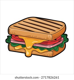 Enorme sándwich en capas con una variedad de ingredientes frescos aislados Ilustración vectorial sobre fondo blanco