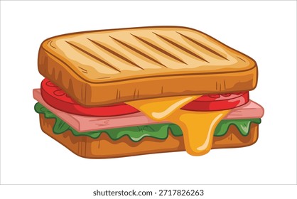 Enorme sándwich en capas con una variedad de ingredientes frescos aislados Ilustración vectorial sobre fondo blanco