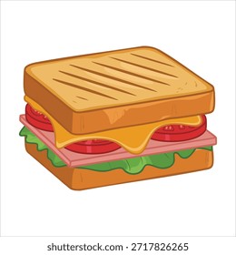 Enorme sándwich en capas con una variedad de ingredientes frescos aislados Ilustración vectorial sobre fondo blanco