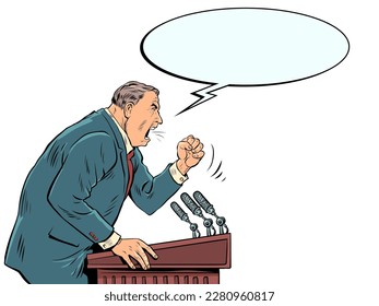 Ein massiver Mann in einem Anzug und rote Krawatte schreit emotional vom Podium in die Mikrofone. Der Politiker beweist seinen Fall und streitet mit seinem Gegner.