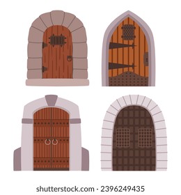 Massive Medieval Castle Doors With Intricate Ironwork, Towering Above With An Air Of Mystery. The Weathered Wood Tells Tales Of Centuries Past, Guarding Secrets Within. Cartoon Vector Illustration