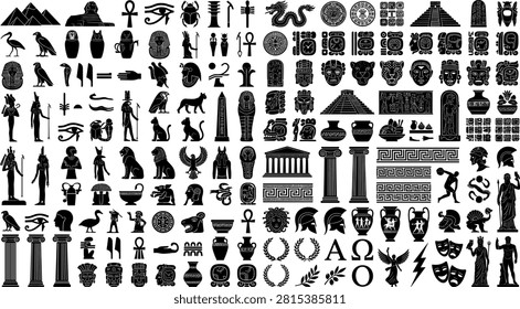 Massive mega bundle collection of ancient civilization silhouettes including egyptian greek roman aztec and mayan vector icons