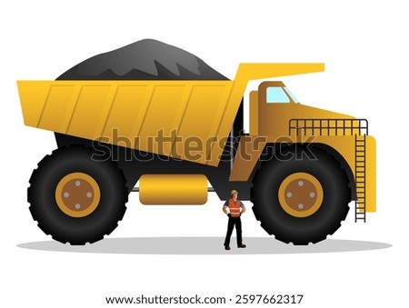 Massive mining dump truck loaded with soil, with a worker standing beside it for scale. Represents industrial mining, transportation of raw materials, and large scale resource extraction