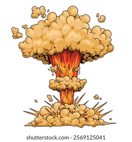 A massive mushroom cloud ascends into the sky emanating from a powerful explosion in a barren desert landscape. The air is filled with dust and debris creating an apocalyptic atmosphere.