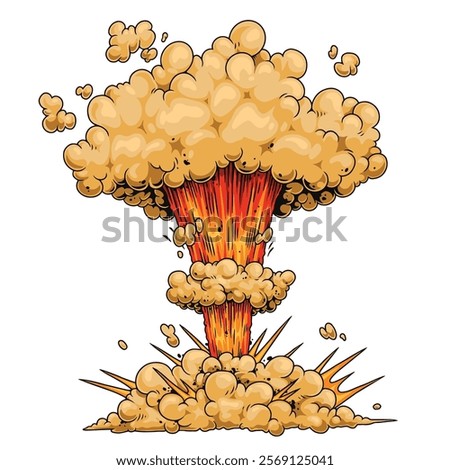 A massive mushroom cloud ascends into the sky emanating from a powerful explosion in a barren desert landscape. The air is filled with dust and debris creating an apocalyptic atmosphere.