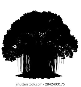 Massive old banyan tree silhouette showing numerous aerial roots dark canopy isolated onto crisp white background for creative projects.