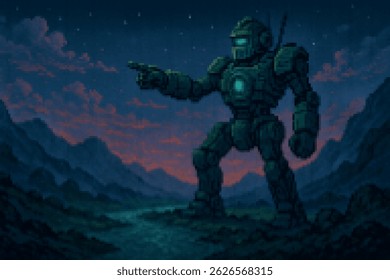 Massive sci-fi robot standing tall in pixel mountains at dusk. Ideal illustration for retro science fiction 2D platformers or action game backgrounds.
