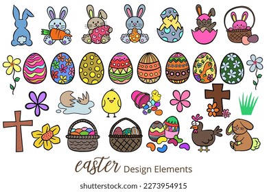 A massive set of cute Easter themed design elements including eggs, bunny rabbits and crosses designed in a cartoon style.
