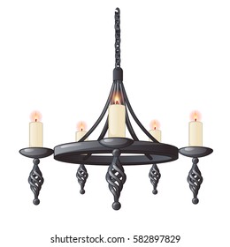 Massive Steel Chandelier With Candles In Medieval Style Isolated On A White Background. Vector Cartoon Close-up Illustration.