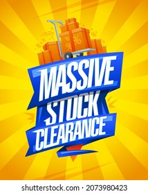 Massive stock clearance vector poster or web banner mockup with boxes on a shopping cart, ribbon and yellow rays backdrop