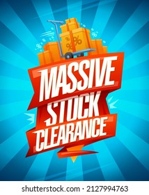 Massive stock clearance vector poster or banner mockup with boxes on a shopping cart and rays backdrop