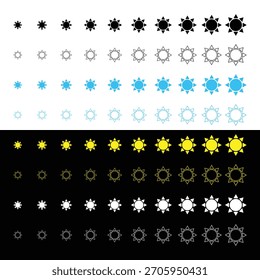 Conjunto masivo de iconos de Vector de sol y brillo: símbolos sólidos y de contorno en negro, blanco, azul y amarillo para el diseño de interfaz de usuario.