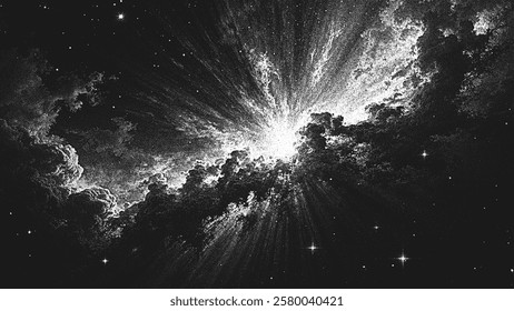 Massive supernova explosion with glowing nebula and cosmic dust illuminated by radiant cosmic energy spreading through deep space in stippling style. Dotwork. Pointillism art. Dots shading. Vector