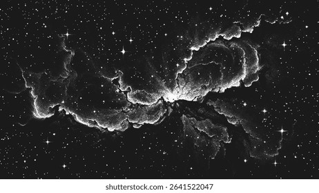 Massive supernova explosion with glowing nebula and cosmic dust illuminated by radiant cosmic energy spreading through deep space in stippling style. Dotwork. Pointillism art. Dots shading. Vector