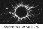 Massive supernova explosion surrounded by glowing shock wave and bright distant stars in space. Starburst nebula in stippling style. Dotwork. Pointillism. Shading using dots. Vector illustration