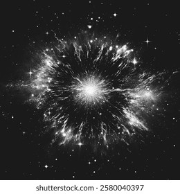 Massive supernova explosion surrounded by glowing shock wave and bright distant stars in space. Starburst nebula in stippling style. Dotwork. Pointillism. Shading using dots. Vector illustration