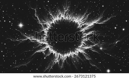 Massive supernova explosion surrounded by glowing shock wave and bright distant stars in space. Starburst nebula in stippling style. Dotwork. Pointillism. Shading using dots. Vector illustration