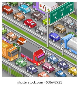 Massive traffic jam on highway (isometric illustration)
