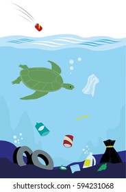 Massive trash thrown and affecting the ecological balance of the ocean. Editable Clip Art.