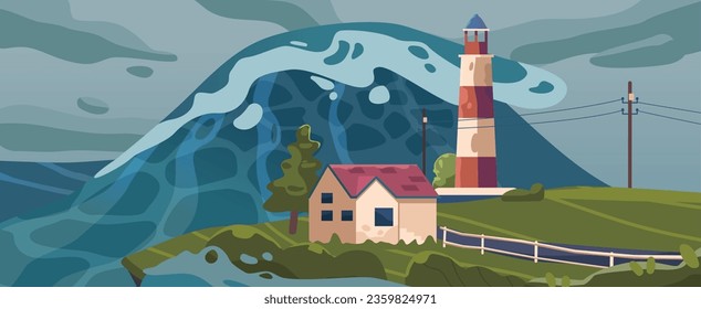 Massive Tsunami Wave Violently Inundates A Peaceful Countryside Area On Sea Shore With Lighthouse, Wreaking Havoc