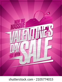 Massive Valentine's day sale web banner mockup, holiday advertising poster with pink rays and heart shaped shopper bag