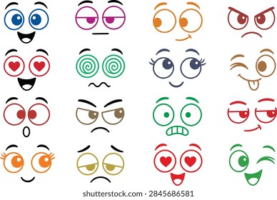 A massive vector icon collection featuring sixteen unique minimalist cartoon eye expressions and face emotions. Includes a diverse mix of feelings such as happy,
