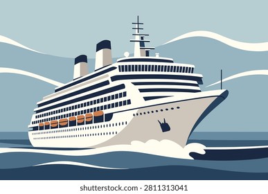 Massive white cruise liner ship sailing majestically through the deep blue ocean waters under a cloudy sky.