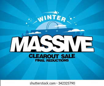 Massive winter sale design with shopping bag on a blue rays backdrop.