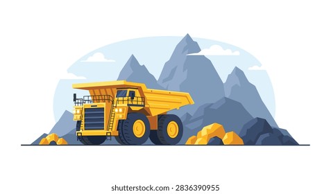 Massive yellow mining dump truck transporting rocks and minerals against a backdrop of jagged grey mountains under a clear sky.