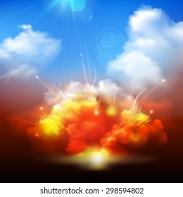 Massive yellow orange explosion bursting into blue cloudy sky with radiating sunrays background banner abstract vector illustration