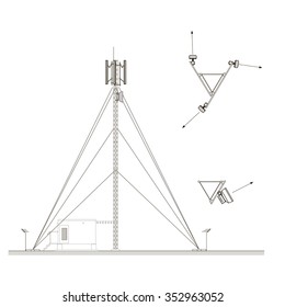 Mast with antennas of cellular communication. Microwave and cell site antennas. Vector illustration isolated on white background. Base station