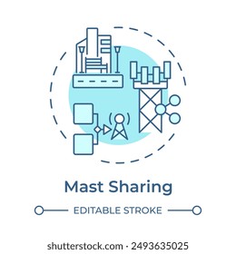 Mast sharing soft blue concept icon. Telecommunication infrastructure sharing. Telecom tower sharing. Round shape line illustration. Abstract idea. Graphic design. Easy to use in blog post