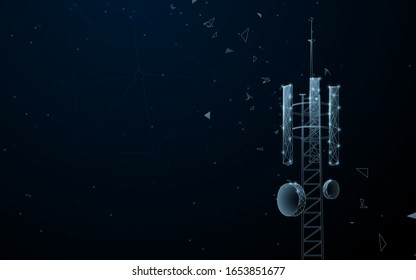 Mast of station of the broadcasting cellular. Telecommunication tower. Lines, triangles and particle style design