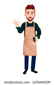 Master barber. Handsome cartoon character showing ok sign. Vector illustration isolated on white background